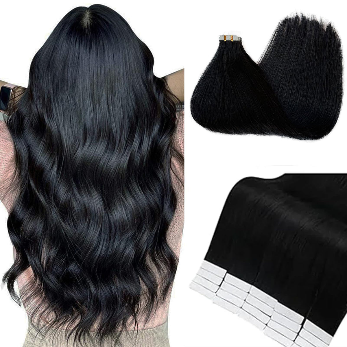 Munx 16&quot; Tape In Hair Extensions, 100% Real Human Hair, #1 Black Silky Straight, 20Pcs 