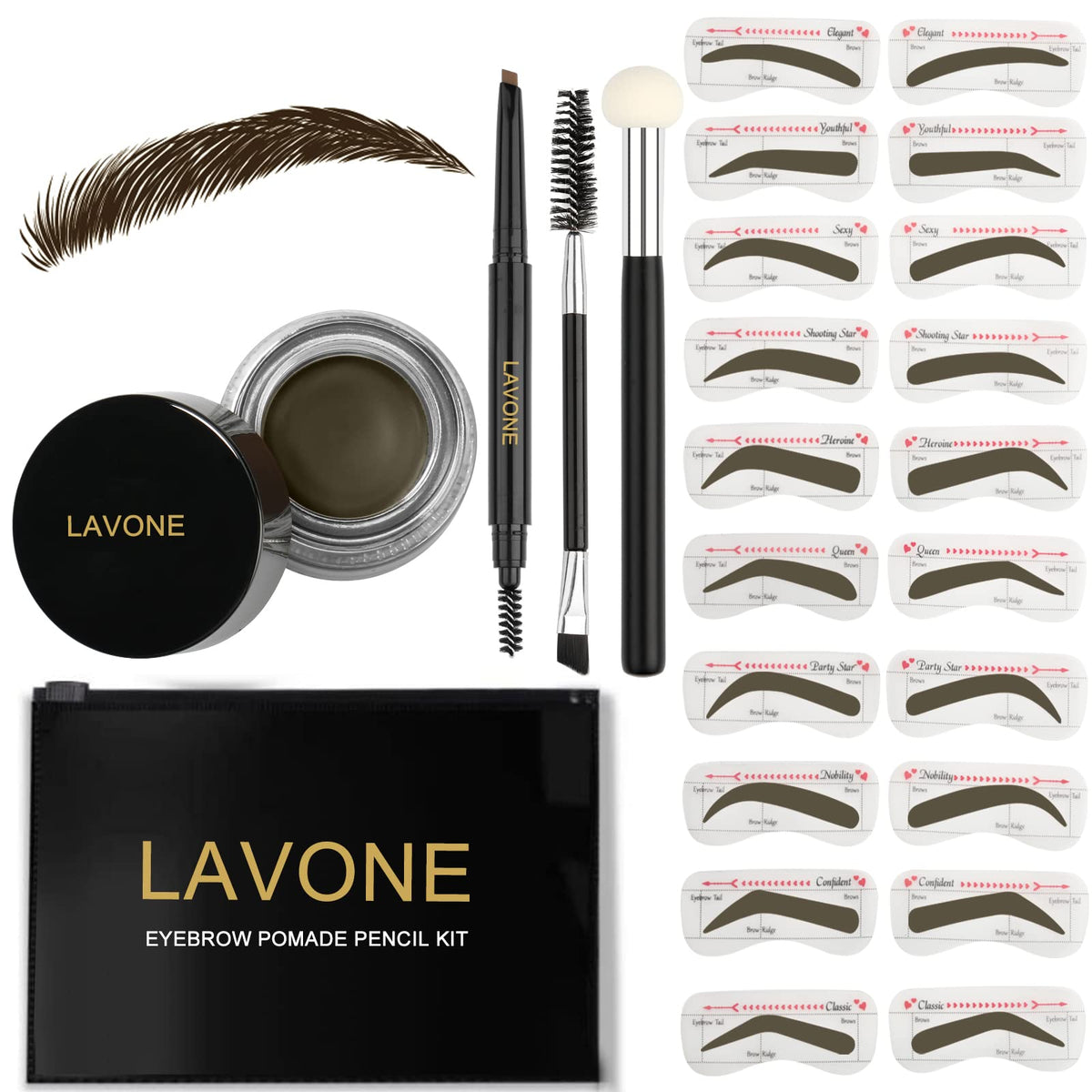 Lavone Eyebrow Stamp Stencil Kit - Waterproof Pencil, Pomade, 20 Stencils, Dual-Ended Brush, Ebony