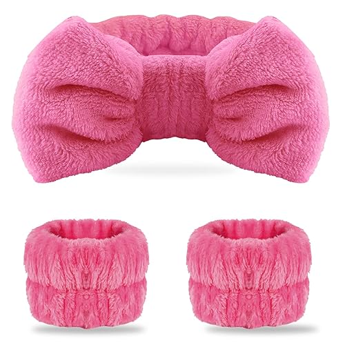 WSYUB Spa Headband & Wrist Bands Set - Microfiber, Watermelon Red, 2 Piece for Makeup & Face Wash