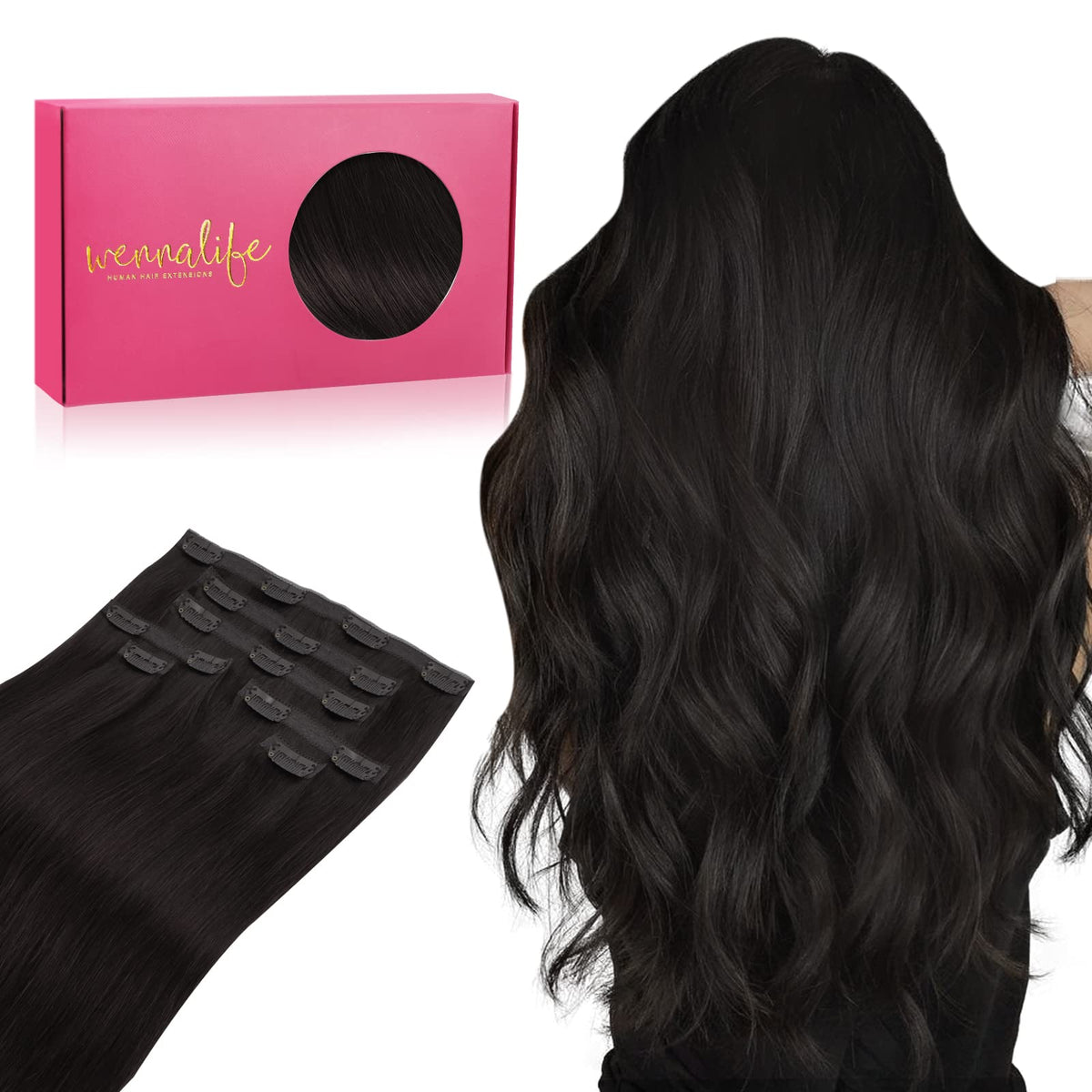 WENNALIFE 18&quot; 130g Seamless Clip-in Hair Extensions - Natural Black Real Human Hair