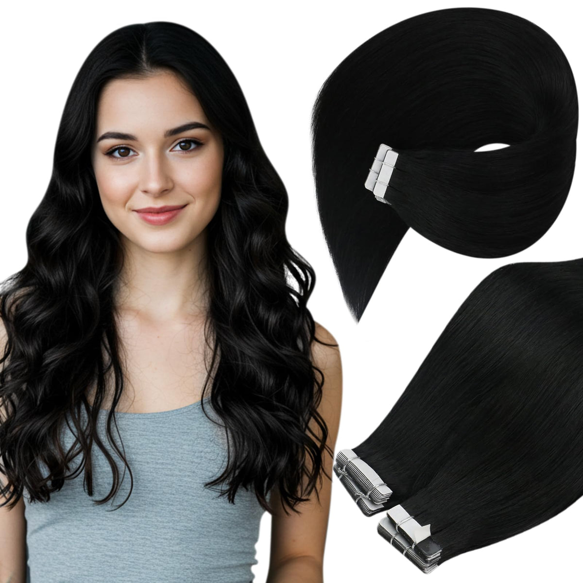 Ve Sunny Tape In Hair Extensions #1 Jet Black 14&quot; Real Human Hair, Silky Straight, 20Pcs 50G