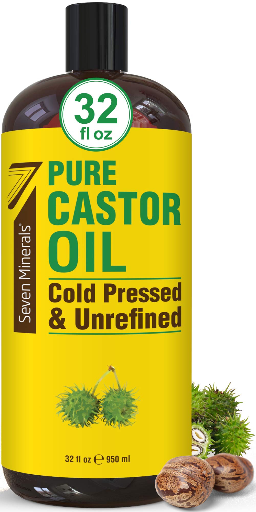 Seven Minerals Pure Cold Pressed Castor Oil 32 Fl Oz - Unrefined, Hair Growth, Skin Healing