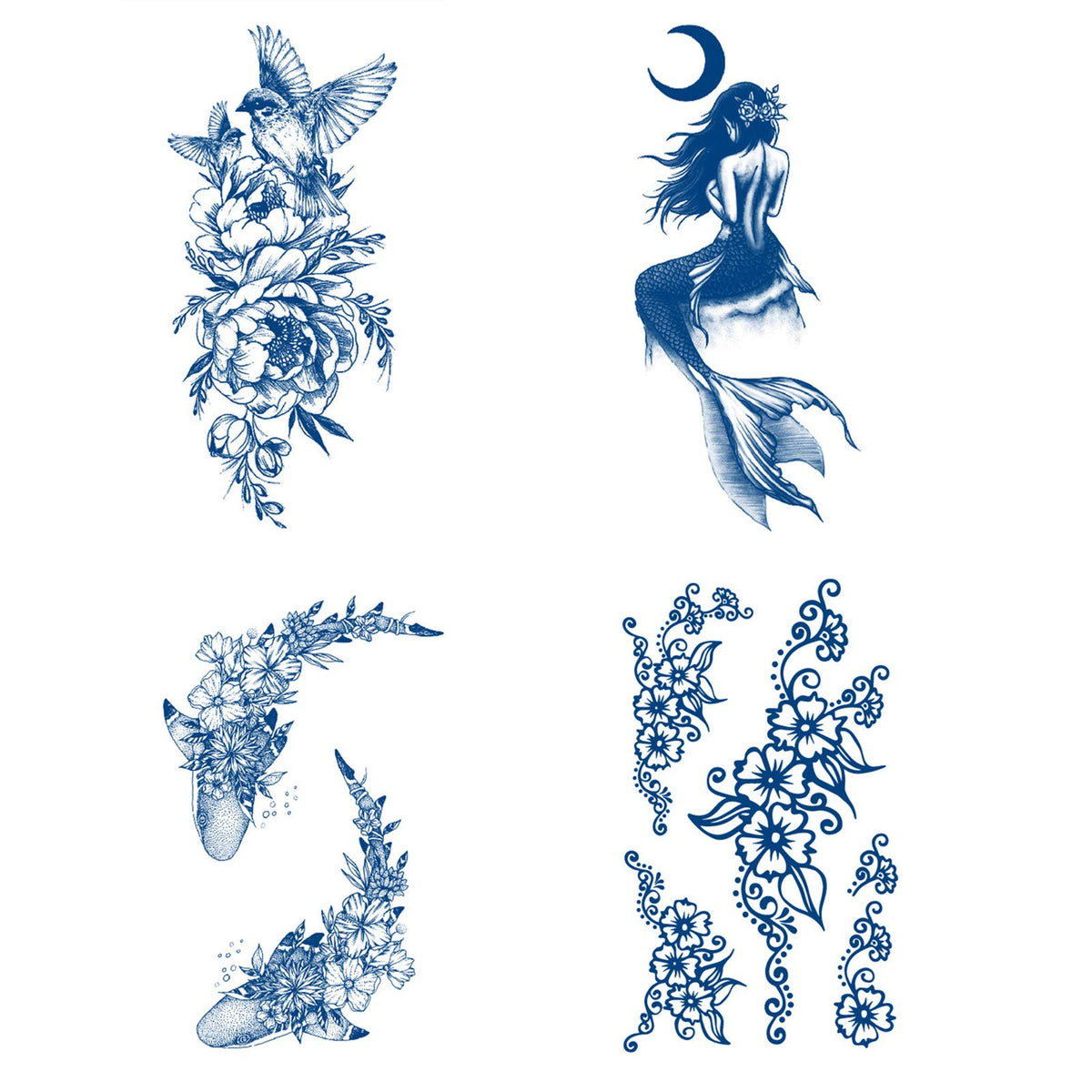 Aresvns Dark Blue Mermaid Floral Waterproof Temporary Tattoos, 4 Count, 1-2 Weeks Duration