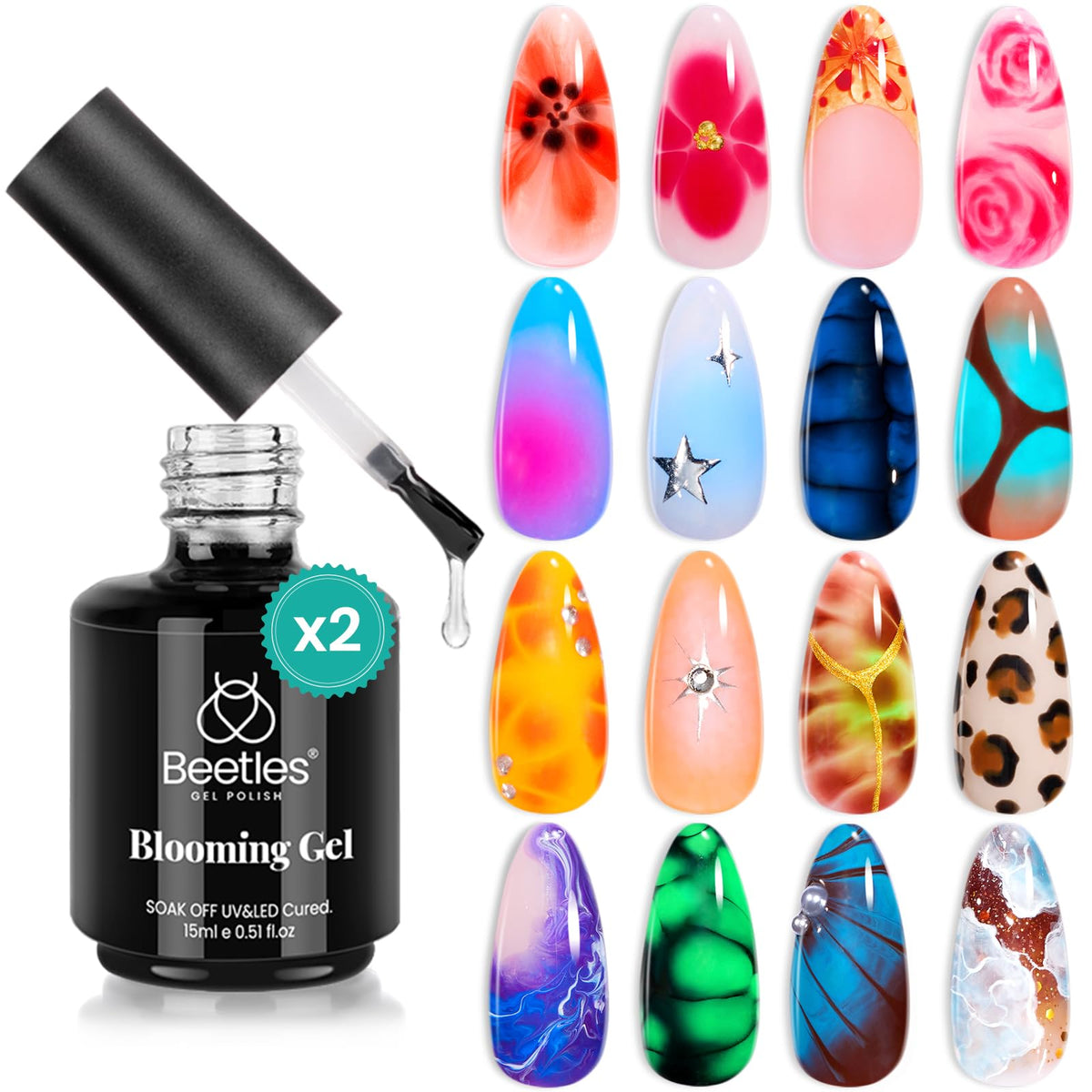 Beetles Blooming Gel Nail Polish - 2 Pcs 15Ml Clear Uv Led For Floral Nail Art Design