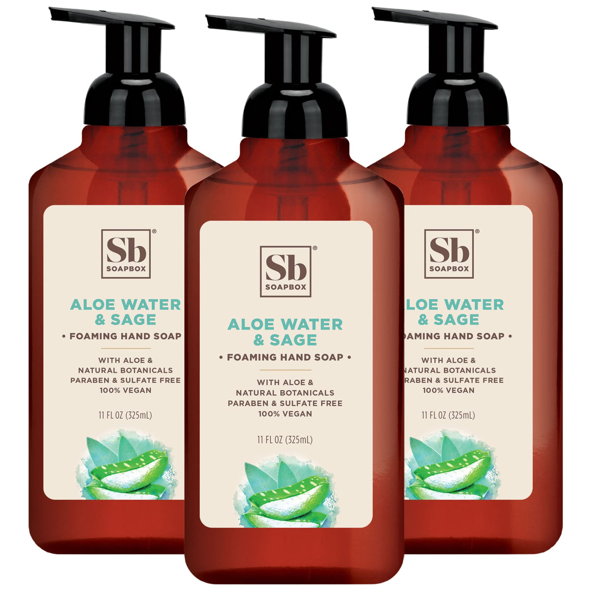 Soapbox Aloe Water & Sage Foaming Hand Soap, 11Oz Pump - 3 Pack, Vegan & Moisturizing