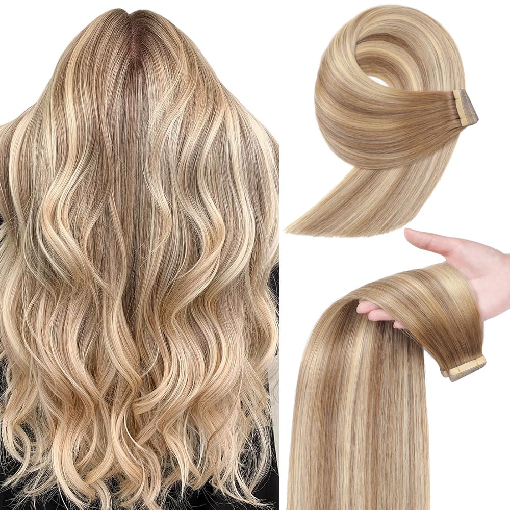 Yddm Tape In Hair Extensions 24 Inch, 20 Pcs, Balayage Gold Brown Mixed Dark Blonde, Human Hair