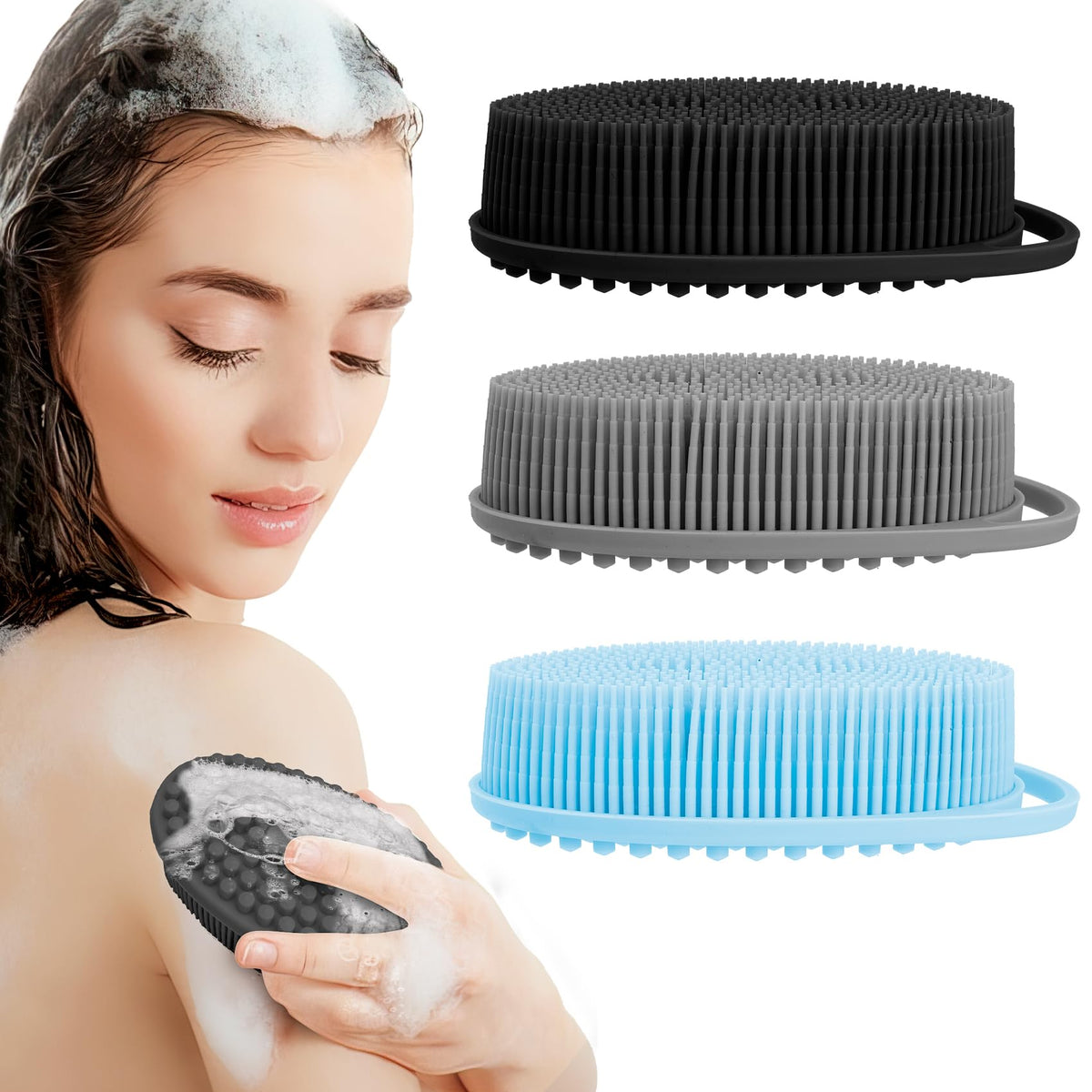 Slergut 3 Pack Silicone Body Scrubber - Exfoliating Loofah With Handle For Men & Women