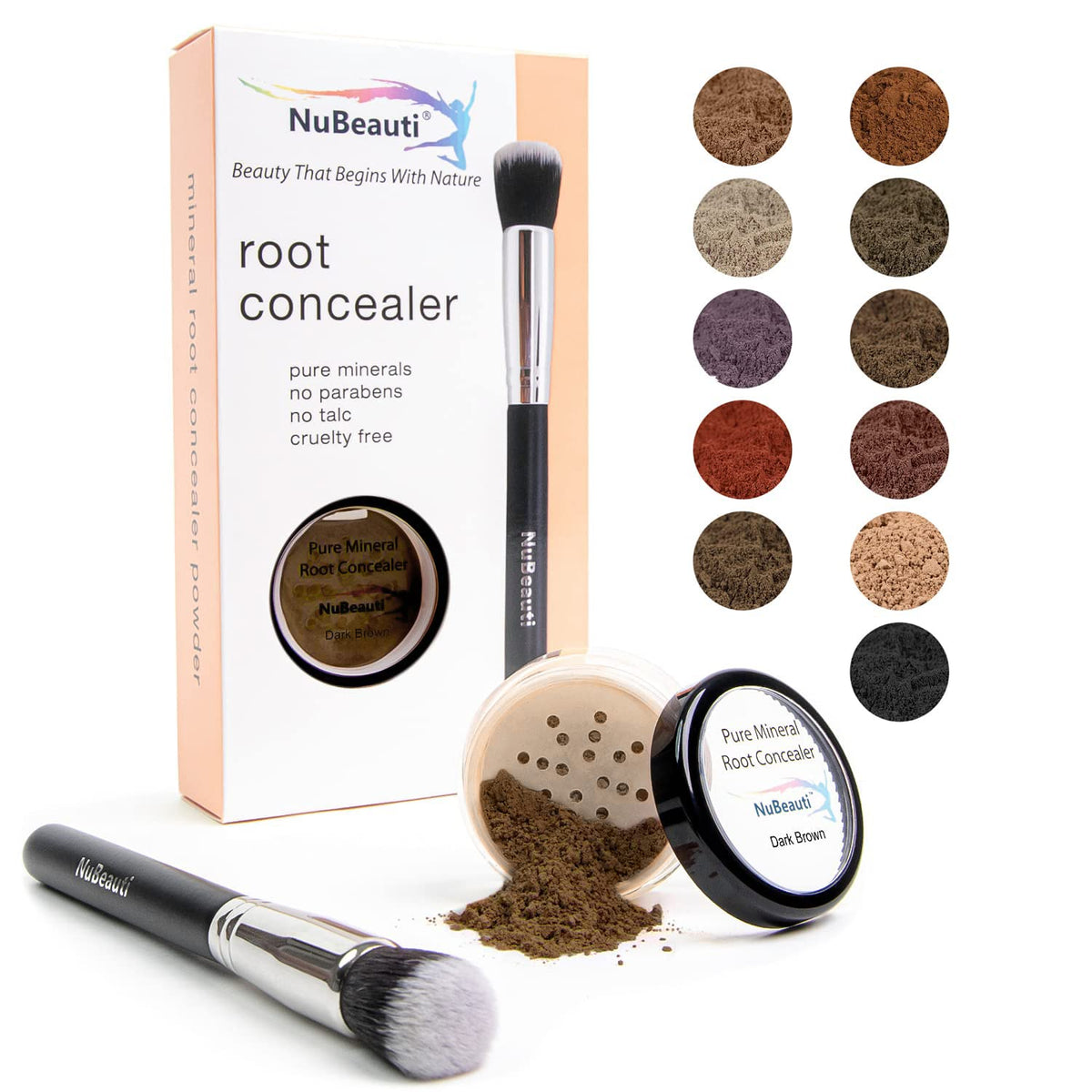 Nubeauti Hair Root Touch Up Powder - Dark Brown, Fragrance-Free, 11 Shades, Includes Brush