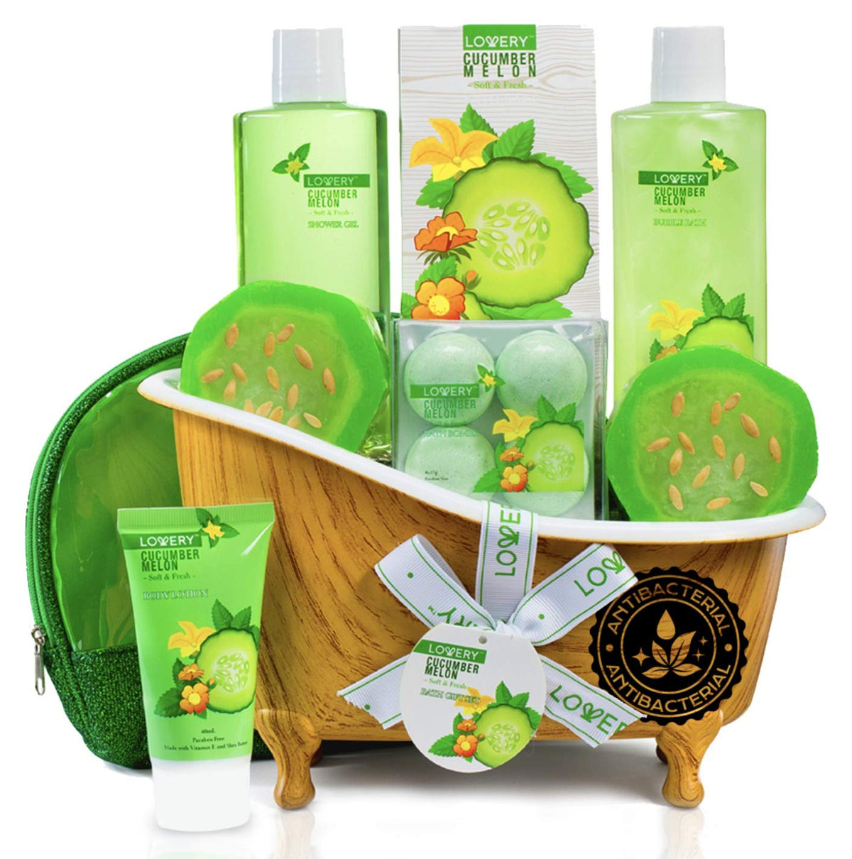 Lovery Home Spa Bath Basket Gift Set - 12 Piece Aromatherapy Kit For Men & Women, Cucumber & Melon