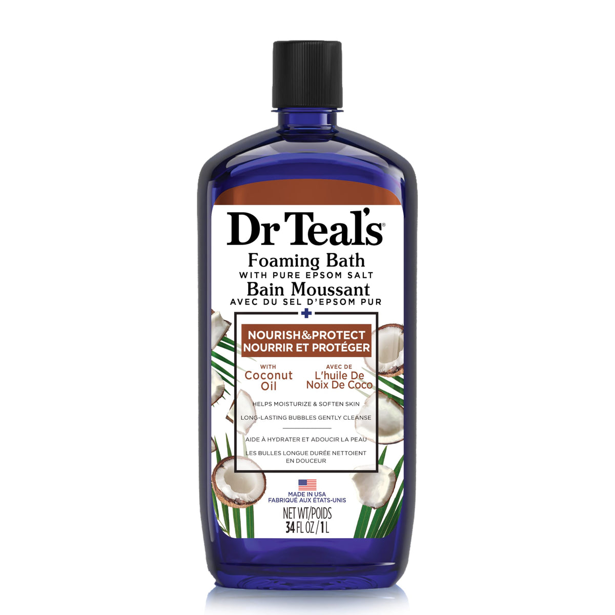 Dr. Teal's Coconut Oil Foaming Bath with Pure Epsom Salt (1 Bottle, 34 oz) - Essential Oils Nourish & Protect your Skin - Relieve Stress & Revitalize Tired, Achy Muscles at Home - Long Lasting Bubbles