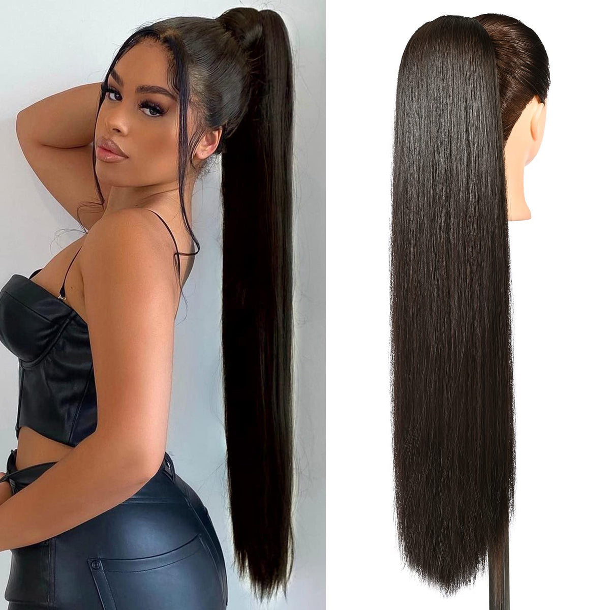 Seikea 32&quot; Ponytail Extensions - Long Straight Clip-In Hairpiece, Synthetic, Black Brown