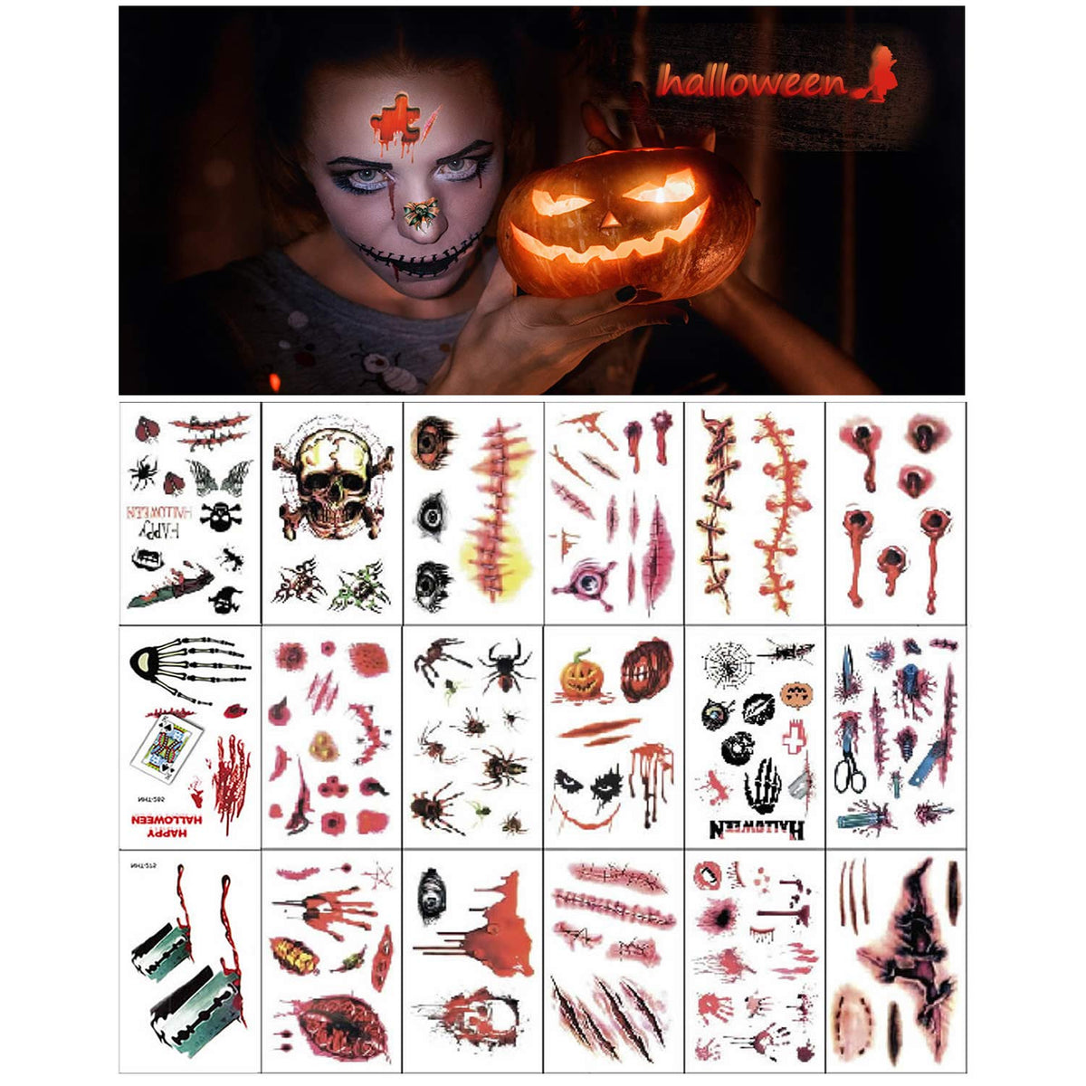 Highever Zombie Makeup Kit - 9 Piece Waterproof Fake Blood & Scar Tattoos For Halloween