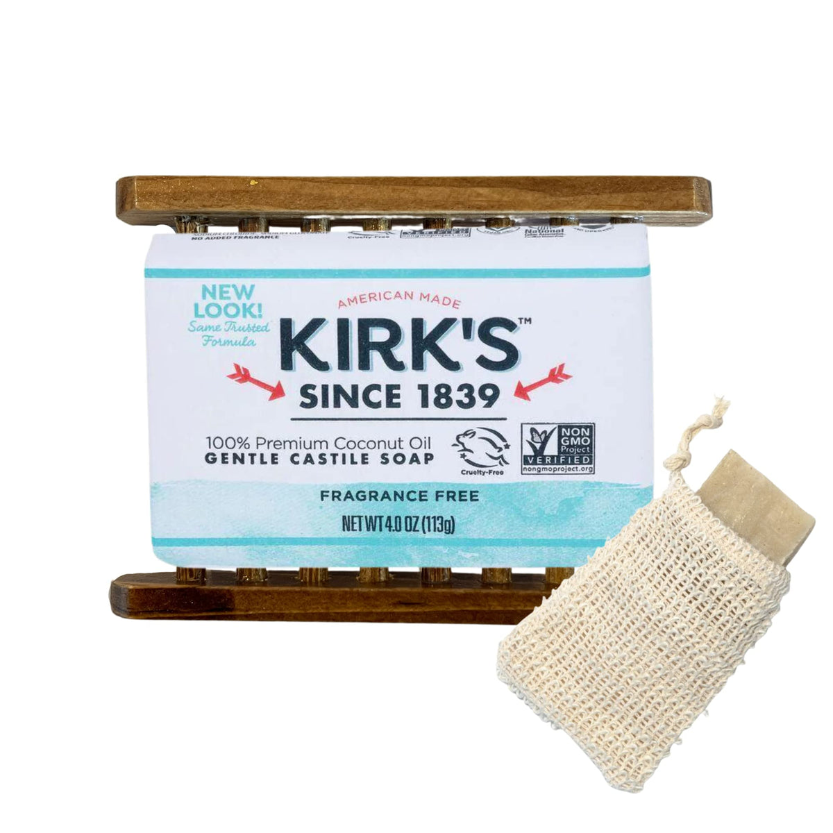 Kirks Pure Castile Soap Coconut Oil Bar Bundle - Fragrance Free, Soap Holder & Diy Recipe