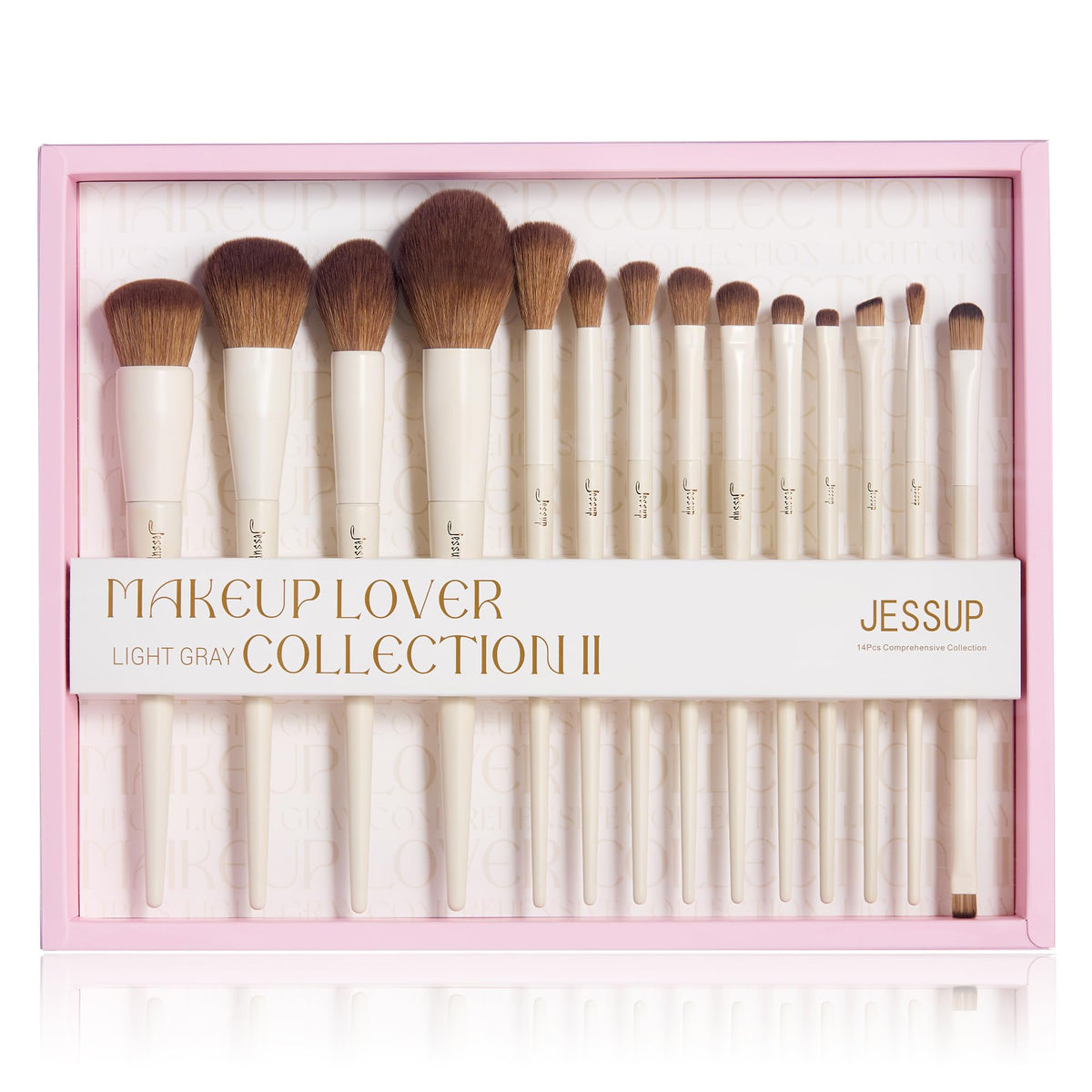 Jessup 14Pcs Makeup Brush Set - Premium Synthetic In Light Grey With Gift Box