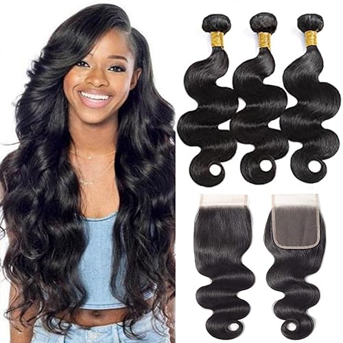 Selina Brazilian Body Wave Hair 3 Bundles & Closure, 12A Virgin Human Hair, Natural Black