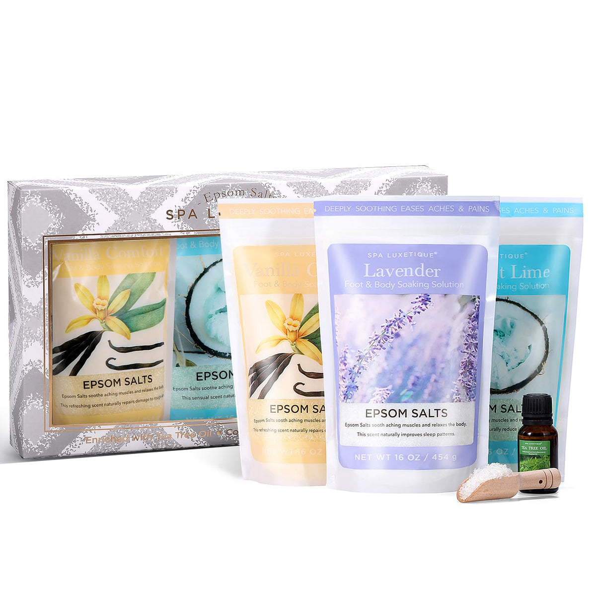 Spa Luxetique Bath Salts Set - 3Pc Epsom Soaking Salts, Lavender, Vanilla & Coconut, Gifts For