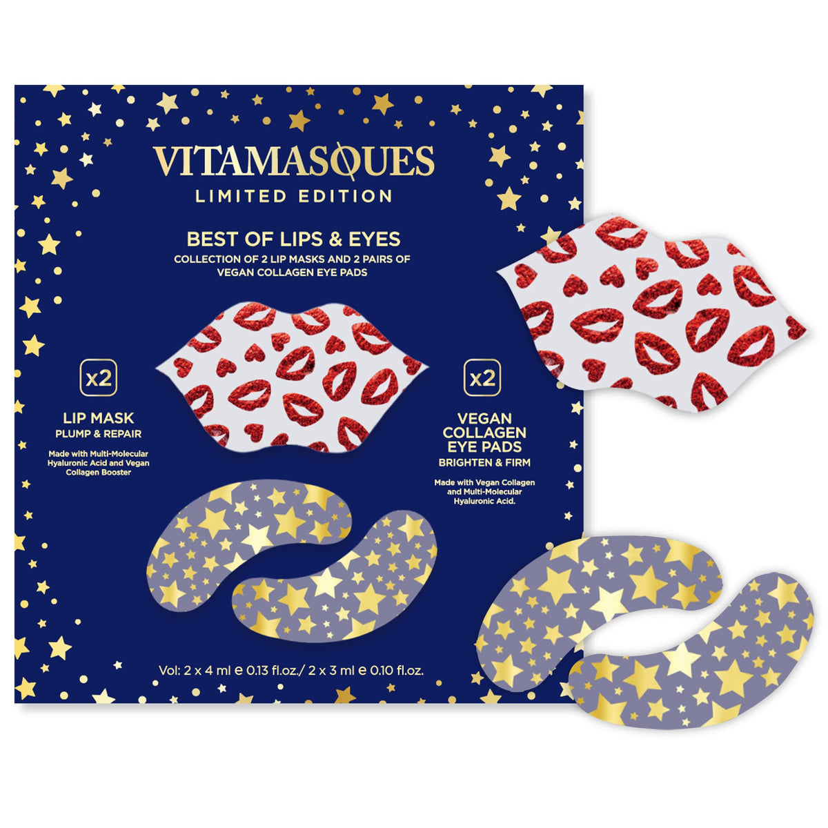 Vitamasques Lip Mask & Collagen Eye Pad Set - 4 Piece Anti-Aging Beauty, Vegan, Paraben-Free