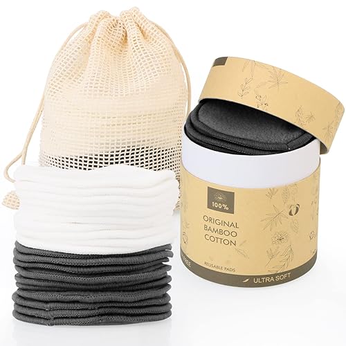 Unimeix 20 Pack Reusable Makeup Remover Pads - Organic Cotton & Bamboo, Black/White, Washable Bag