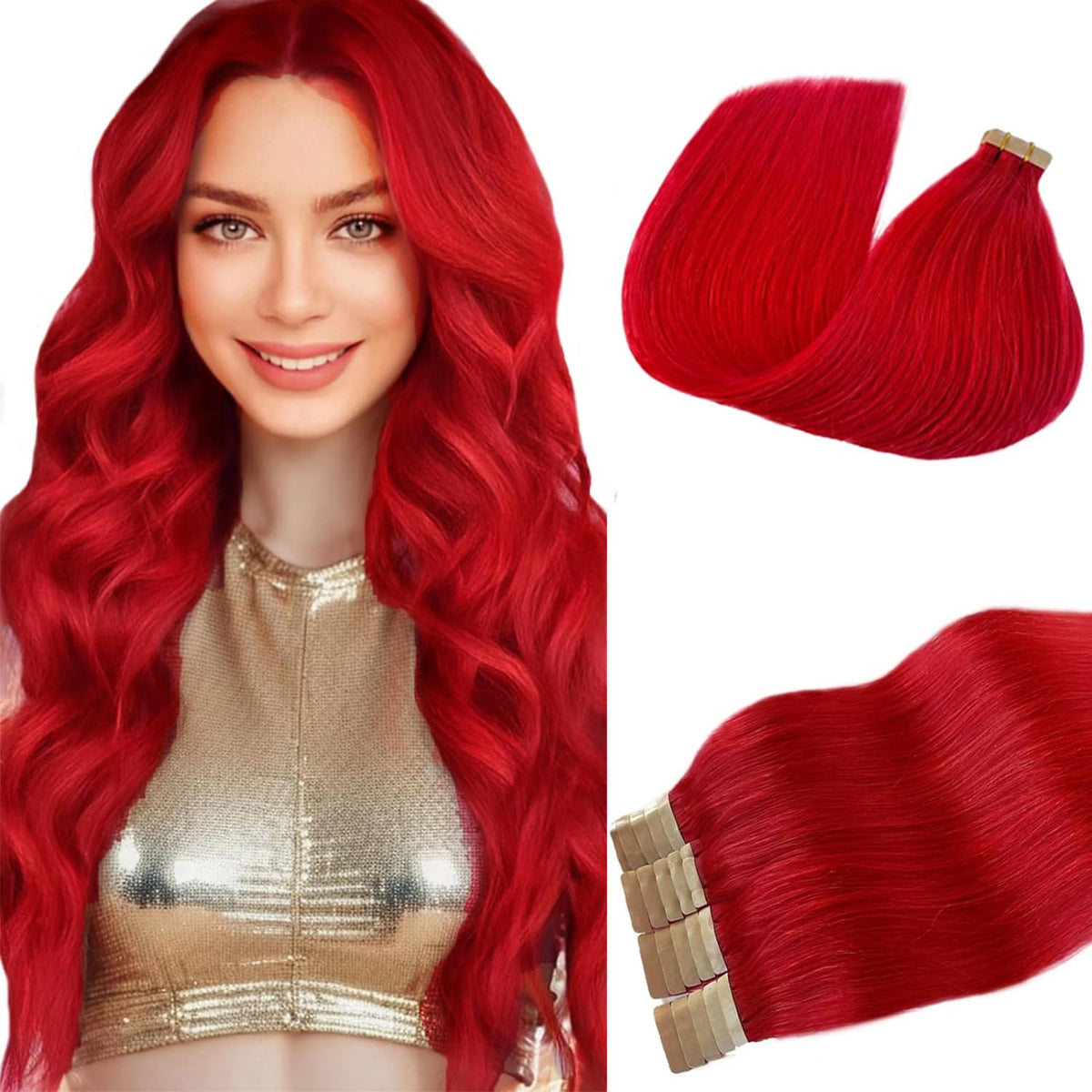 Munx 24&quot; Natural Red Tape In Hair Extensions - 100% Real Human Hair, Soft & Straight, 70G