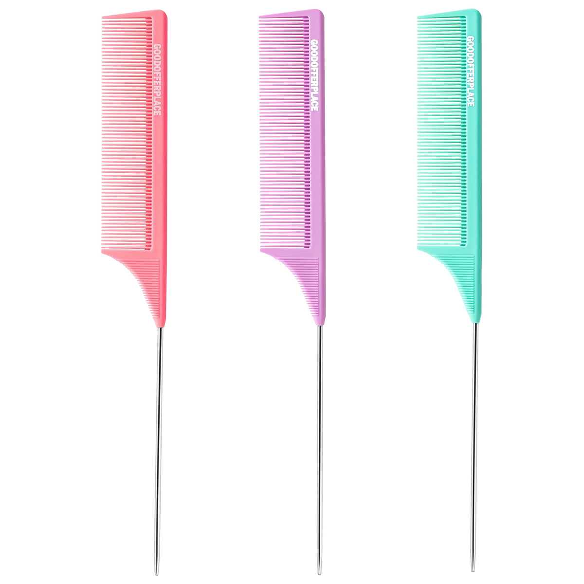 Goodofferplace 3Pcs Hair Rat Tail Combs Set - Teasing & Detangling Combs For Women, Girls - Pink Purple