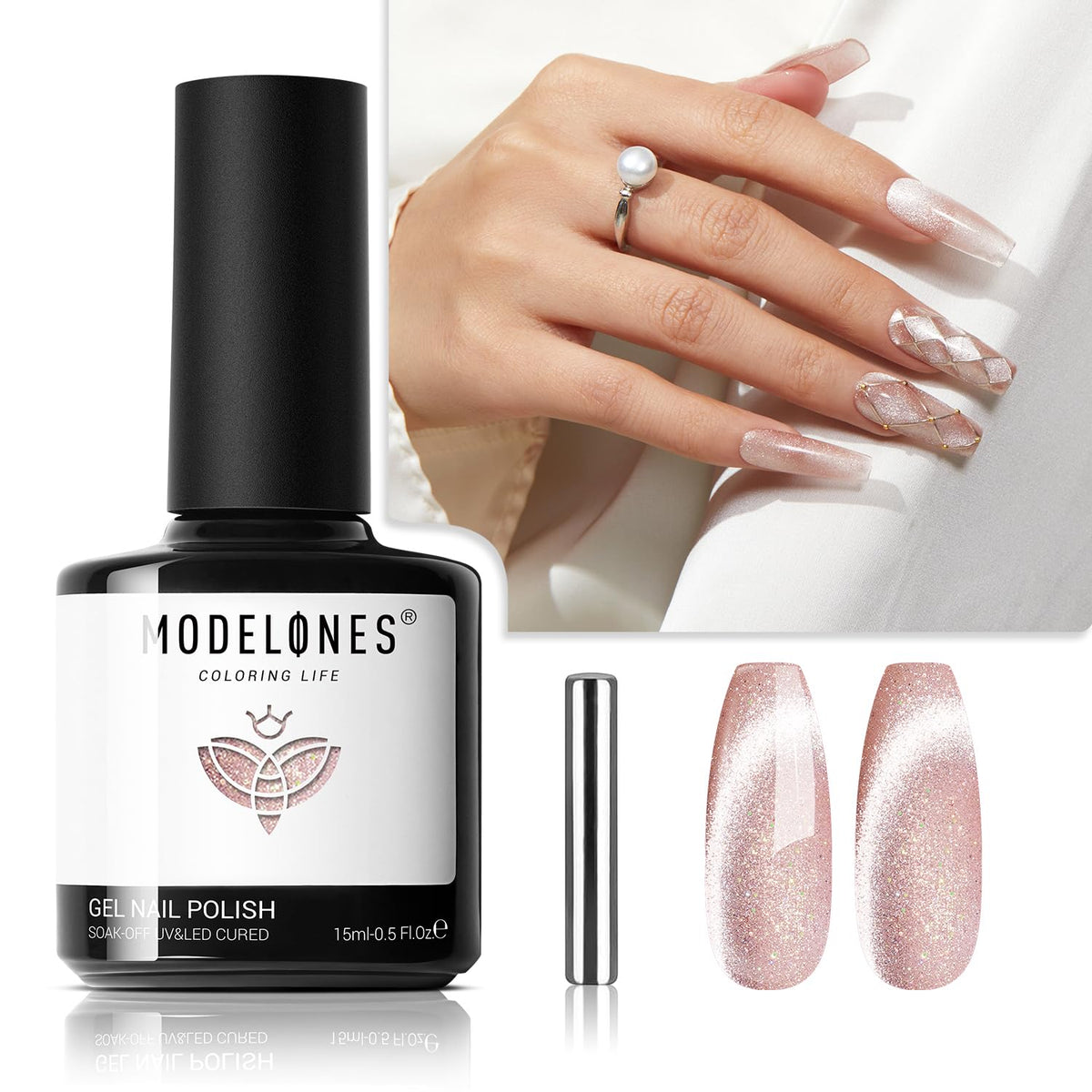 Modelones Cat Eye Gel Nail Polish A02-Nude Pink, 15Ml Glitter Reflective Nail Art Gel