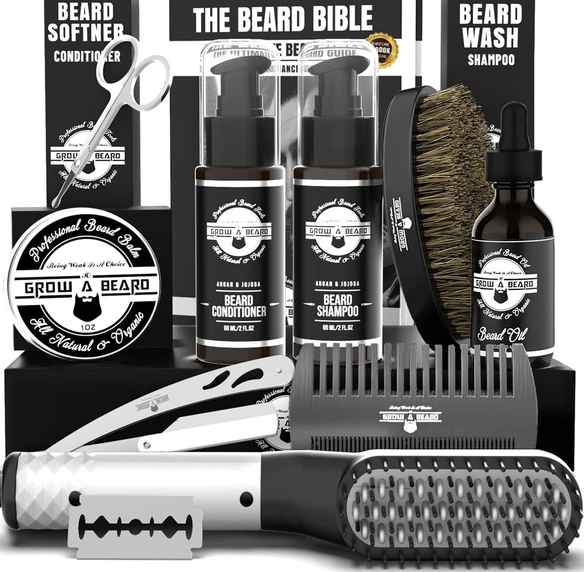 Grow Alpha Beard 8-Piece Beard Grooming Kit, Straightener, Wash, Oil, Conditioner & More