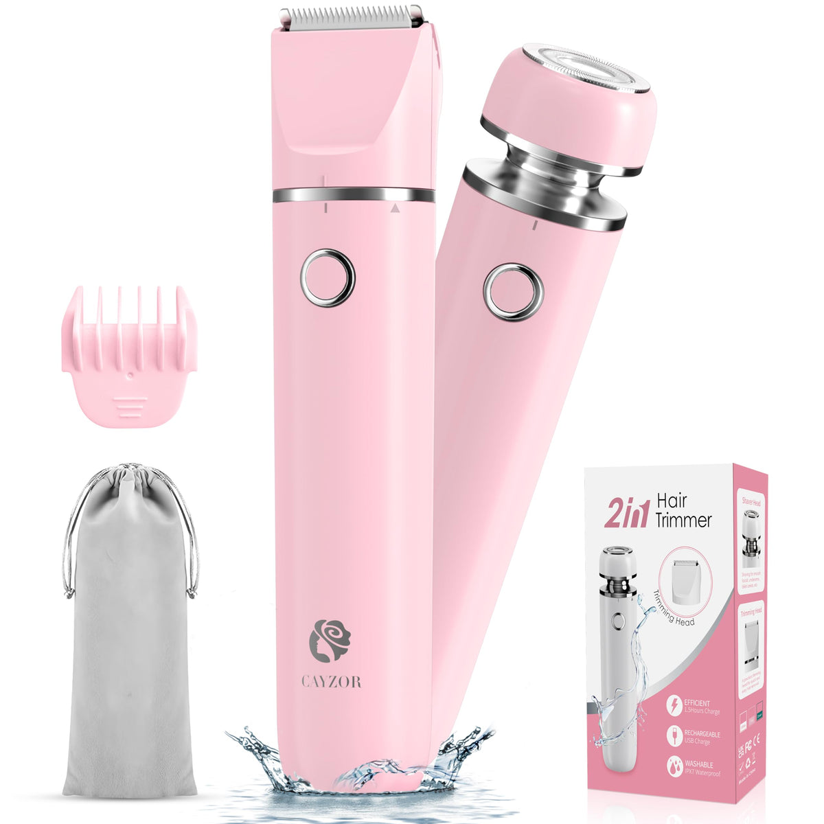 Cayzor 2-In-1 Bikini Trimmer & Shaver Kit For Women - Waterproof Cordless Hair Removal, Pink