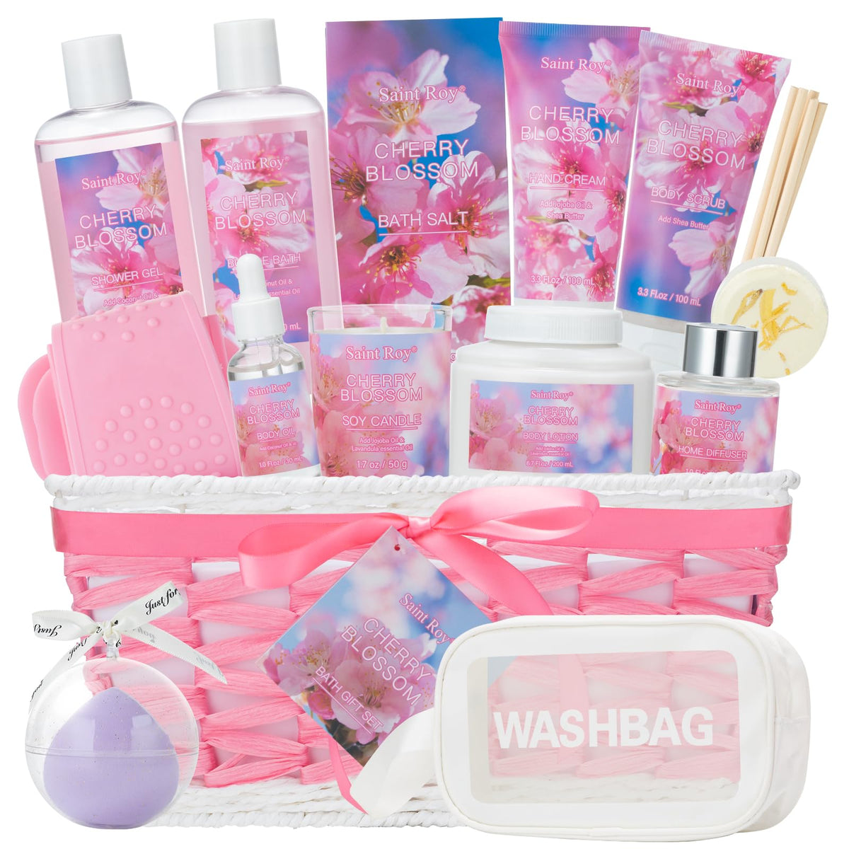 Saint Roy Spa Gifts For Women - Luxury 19 Pcs Cherry Blossom Bath & Body Gift Set, Large Pink Basket