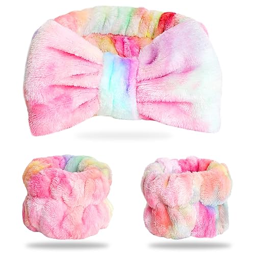 WSYUB Pink Spa Headband & Wrist Bands Set - Fuzzy Makeup Towels for Face Washing & Skincare