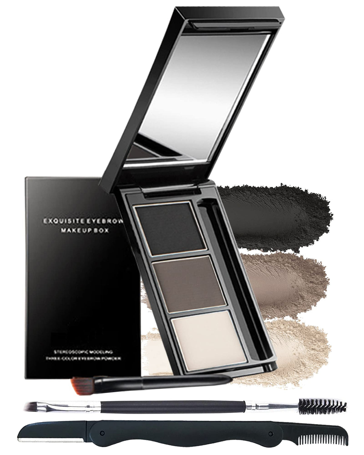 Lysdefeu Eyebrow Powder Kit - 3 Colors, Long-Lasting Waterproof, Mirror & Brush Included, Set 01