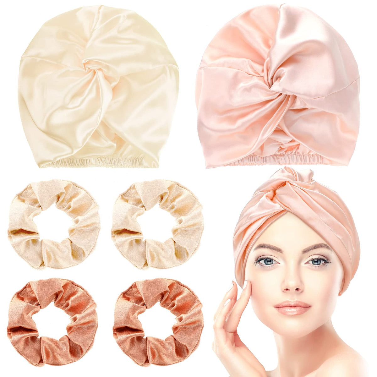 Geyoga 6 Pcs Reusable Silk Hair Bonnets & Scrunchies - Beige, Pink, Rose Gold For Women