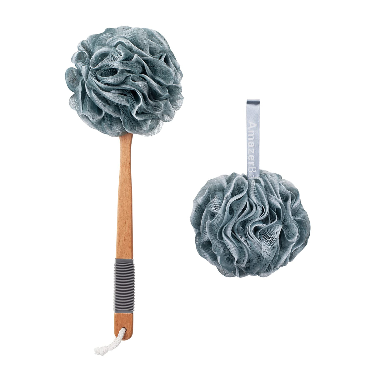 Amazerbath Gray Shower Sponge Loofah Back Scrubber With Long Wooden Handle, 2 Count