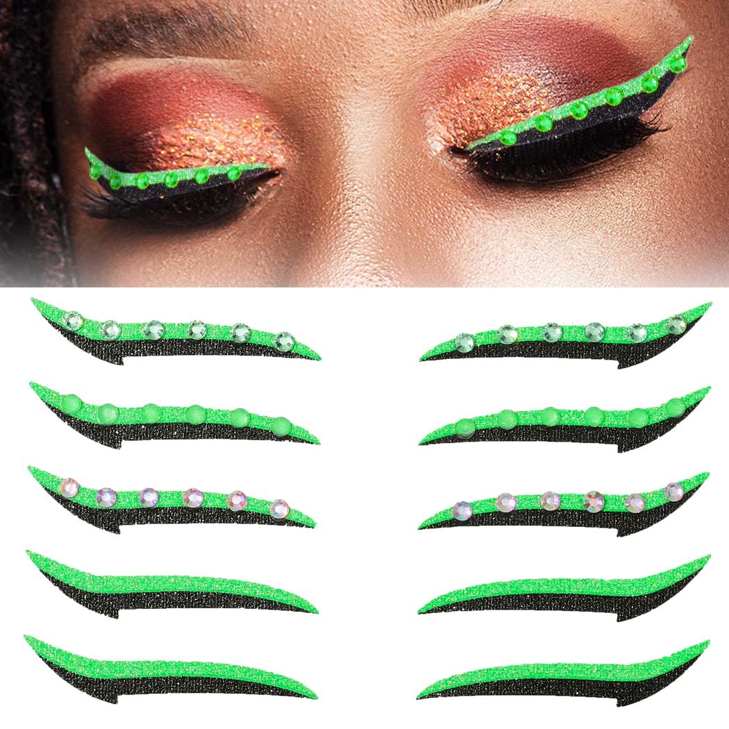 Uranian Shiny Green Eyeliner Stickers With Rhinestones - Reusable Eye Makeup Tool For Parties