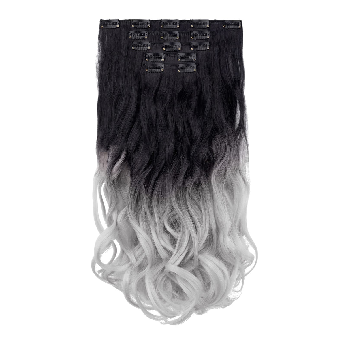 Hspjhtm 18&quot; Clip In Wavy Hair Extensions For Women - Black To White, Thick Synthetic Pieces