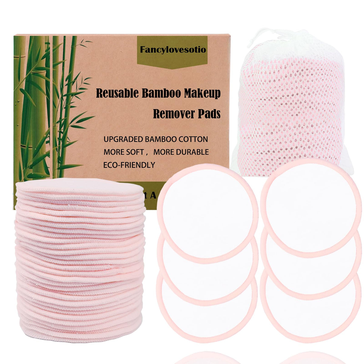 Fancylovesotio 30 Pack Reusable Bamboo Cotton Makeup Remover Pads - Pink With Laundry Bag