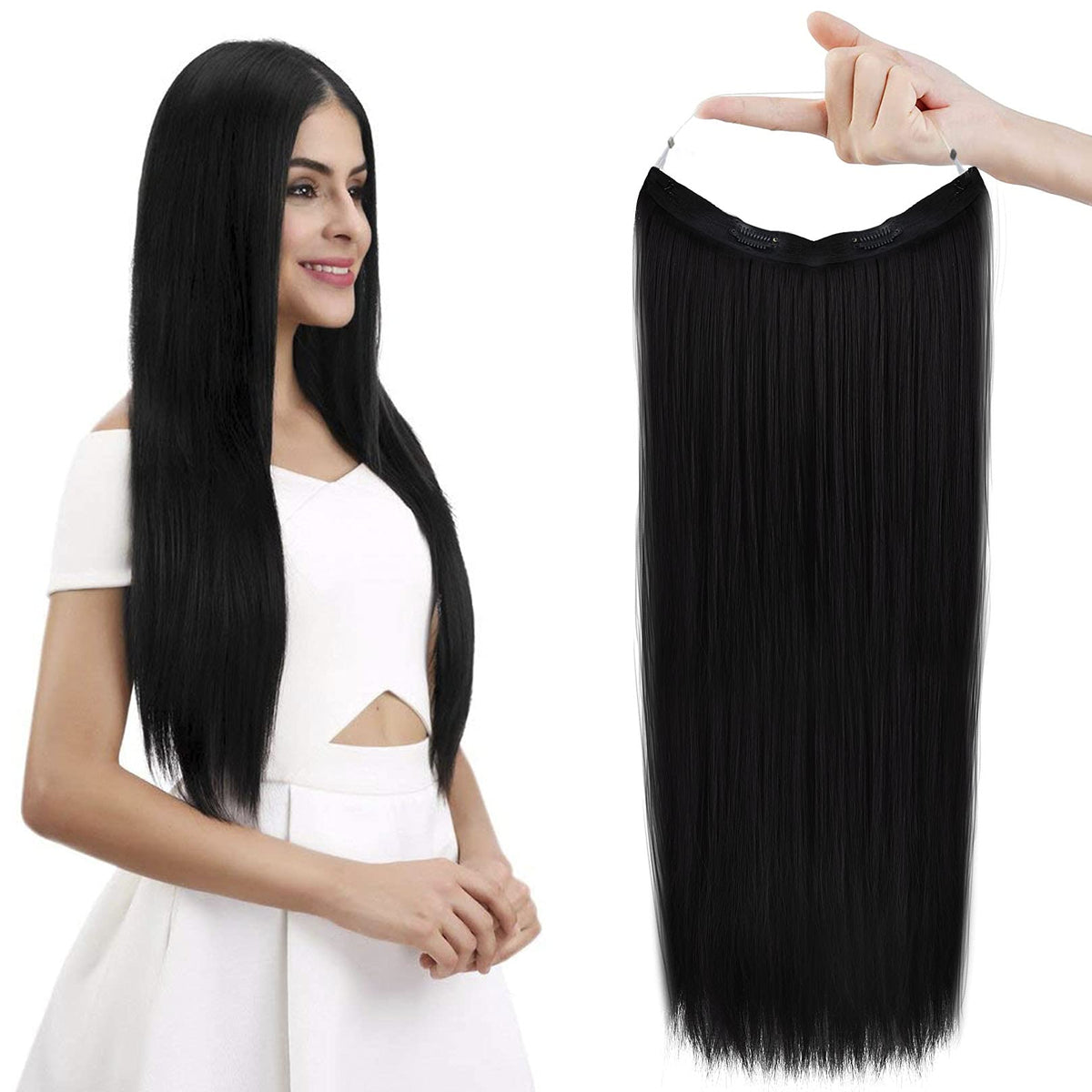 REECHO Invisible Wire Hair Extensions - 24&quot; Natural Black, Adjustable, Secure Clips, Synthetic