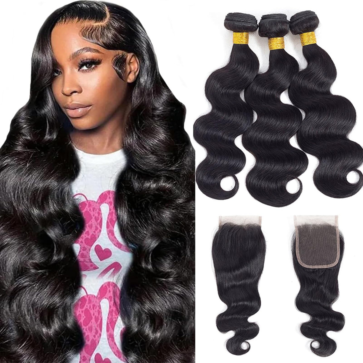 ROYAL IMPRESSION 12A Body Wave Human Hair Bundles with 4x4 Lace Closure, Natural Color