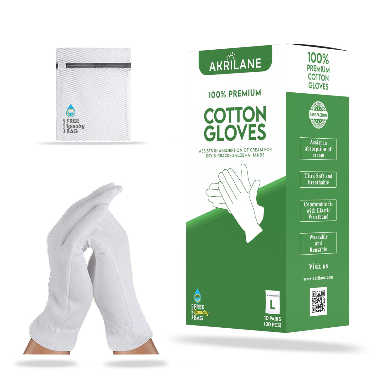 Akrilane Large 10 Pairs 100% Cotton Moisturizing Gloves For Eczema & Dry Skin, Washable