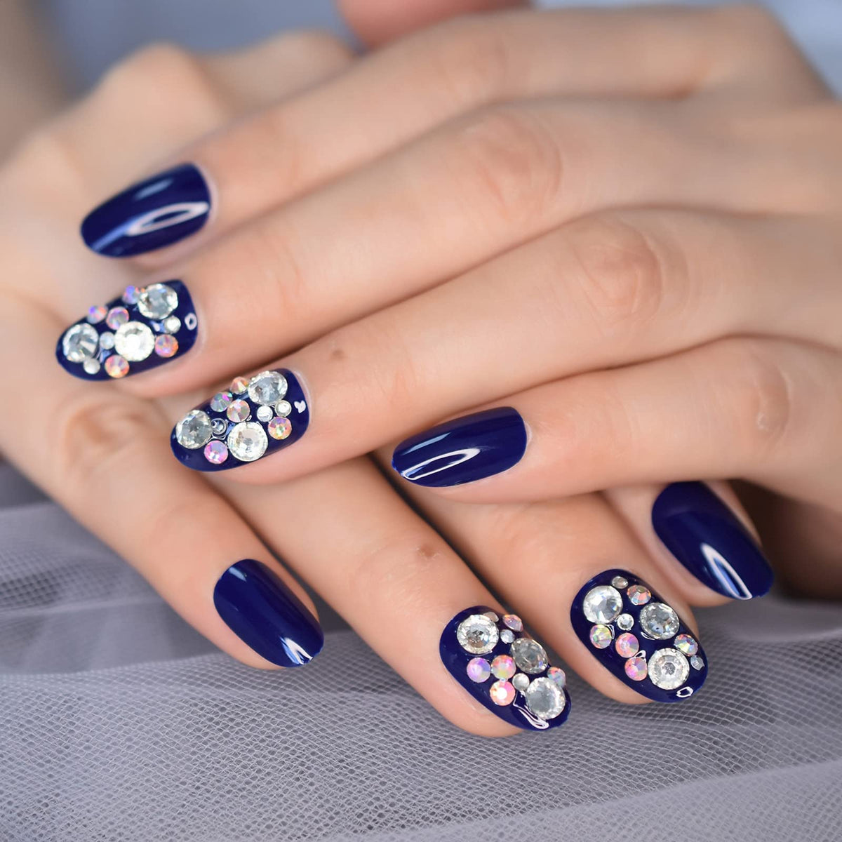 Coolnail Dark Blue Bling Rhinestones Full Cover Oval Press-On Nails - Glossy ABS Manicure Tips