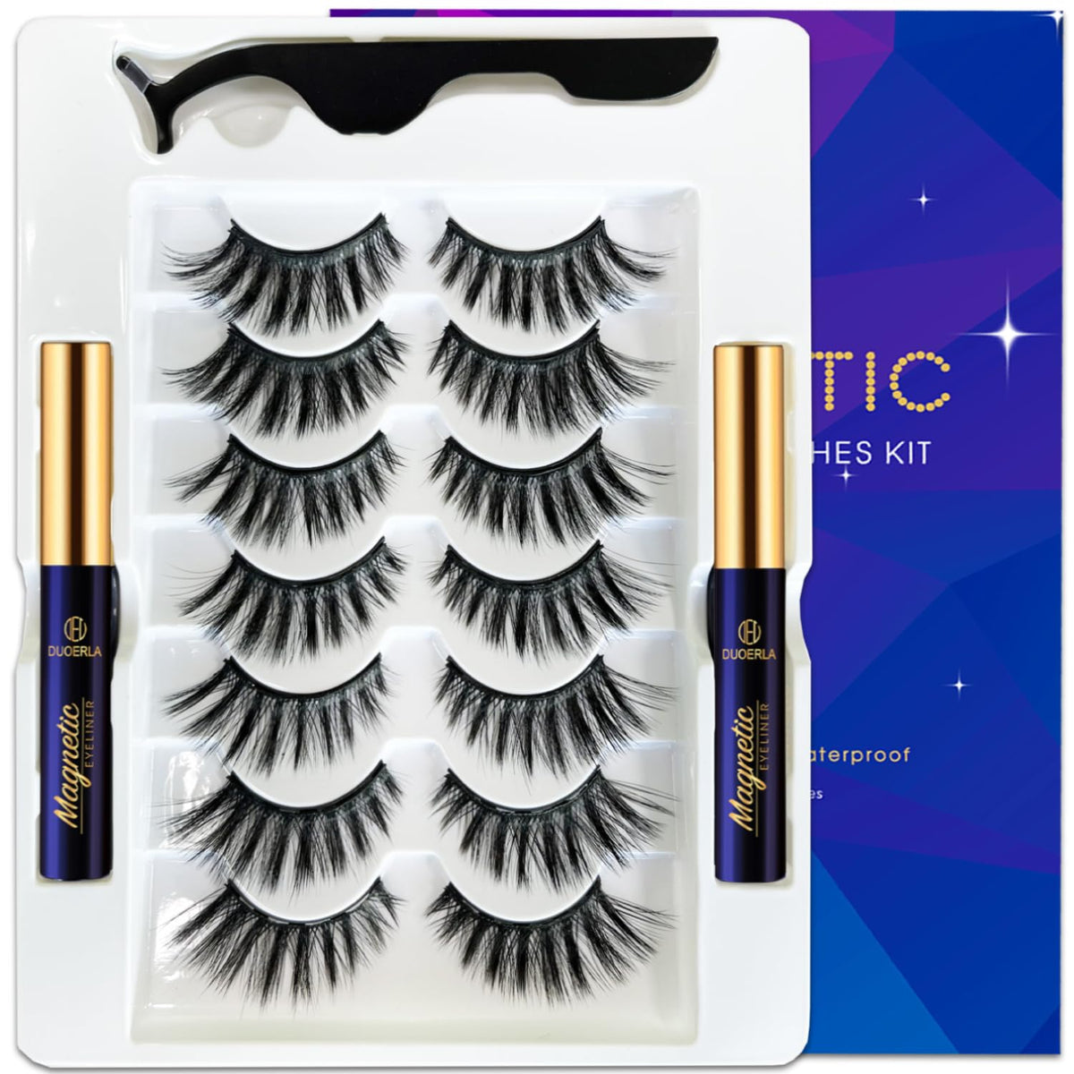 Duoerla Magnetic Eyelashes - 7 Pairs Cat-Eye Lashes, Waterproof, Reusable, Easy Applicator