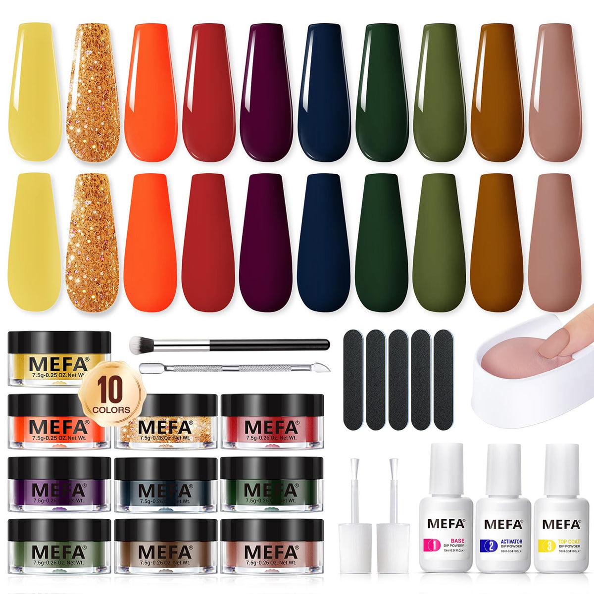 Mefa Dip Powder Nail Kit - 10 Fall Colors, Pumpkin Orange, Gold Glitter, Manicure Set