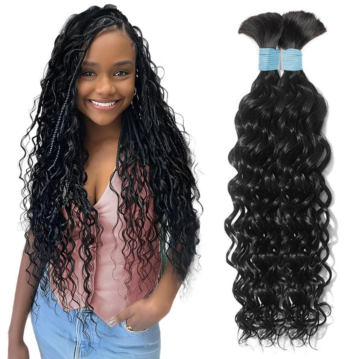 Tuseha 26&quot; Water Wave Human Hair For Boho Braids - Natural Black, 100% Curly Extensions