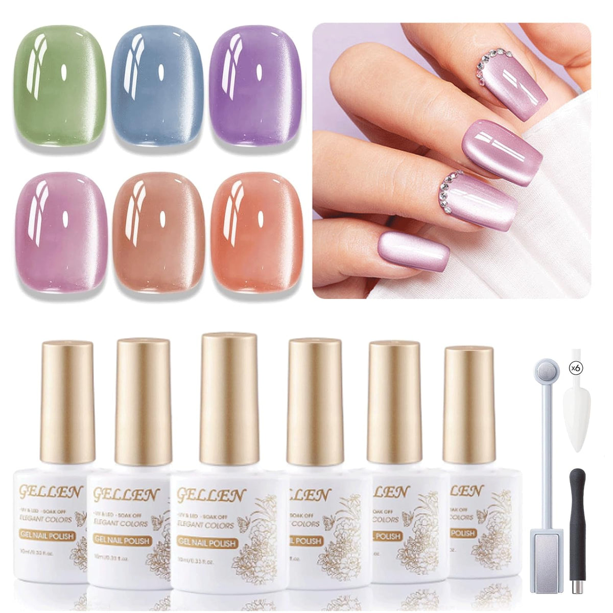 Gellen 6 Colors Cat Eye Gel Nail Polish Set, Holographic Magnetic Uv Led Soak Off