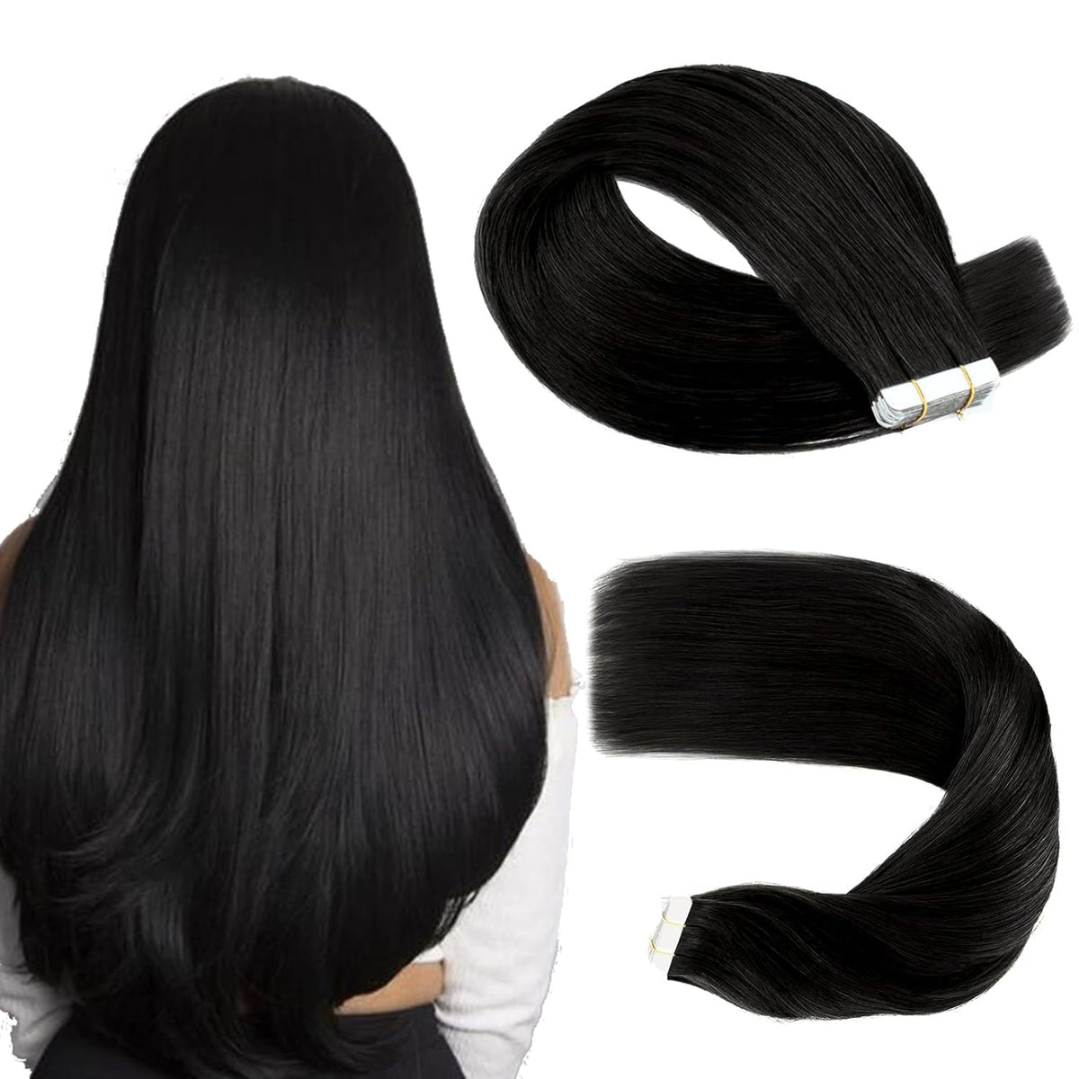 Sassina 18&quot; Jet Black Remy Tape In Human Hair Extensions - 20 Pcs, Invisible & Real Hair