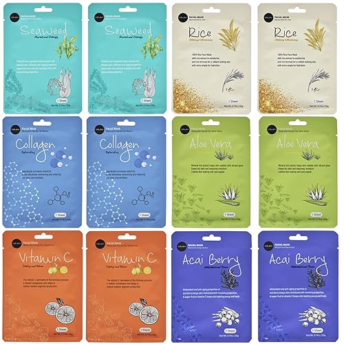 Celavi Essence Facial Mask - 12 Pack Moisturizing Sheet Masks For Radiant Skin Care