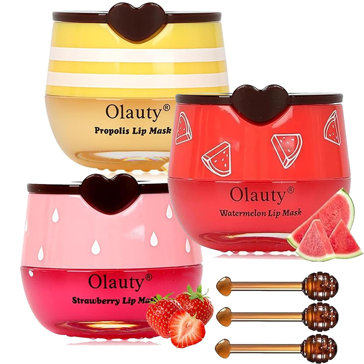 Minfei 3 Pcs Bee Lip Balm Set - Honey, Strawberry & Watermelon Overnight Moisturizing Mask