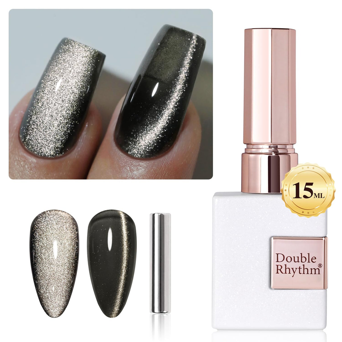 Double Rhythm Cat Eye Gel Polish 0.5 Oz Holographic Glitter Black Magnetic Nail Polish