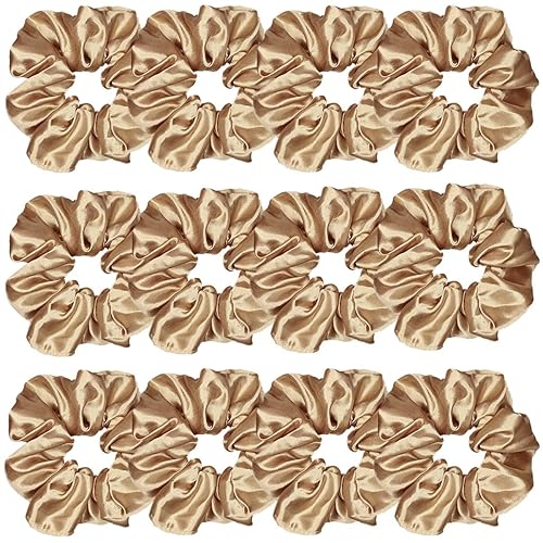 Sufermoe 12 Pcs Light Brown Satin Silk Scrunchies Hair Ties for Women and Girls