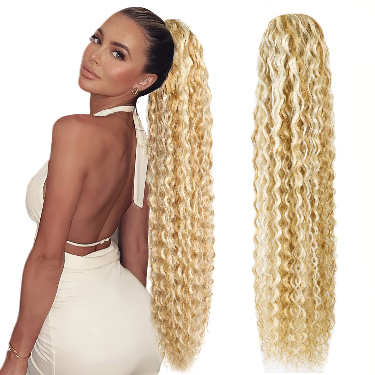 Fashion Icon 30&quot; Long Drawstring Ponytail Extensions, Curly Natural Brown Mix Blonde Synthetic Hair