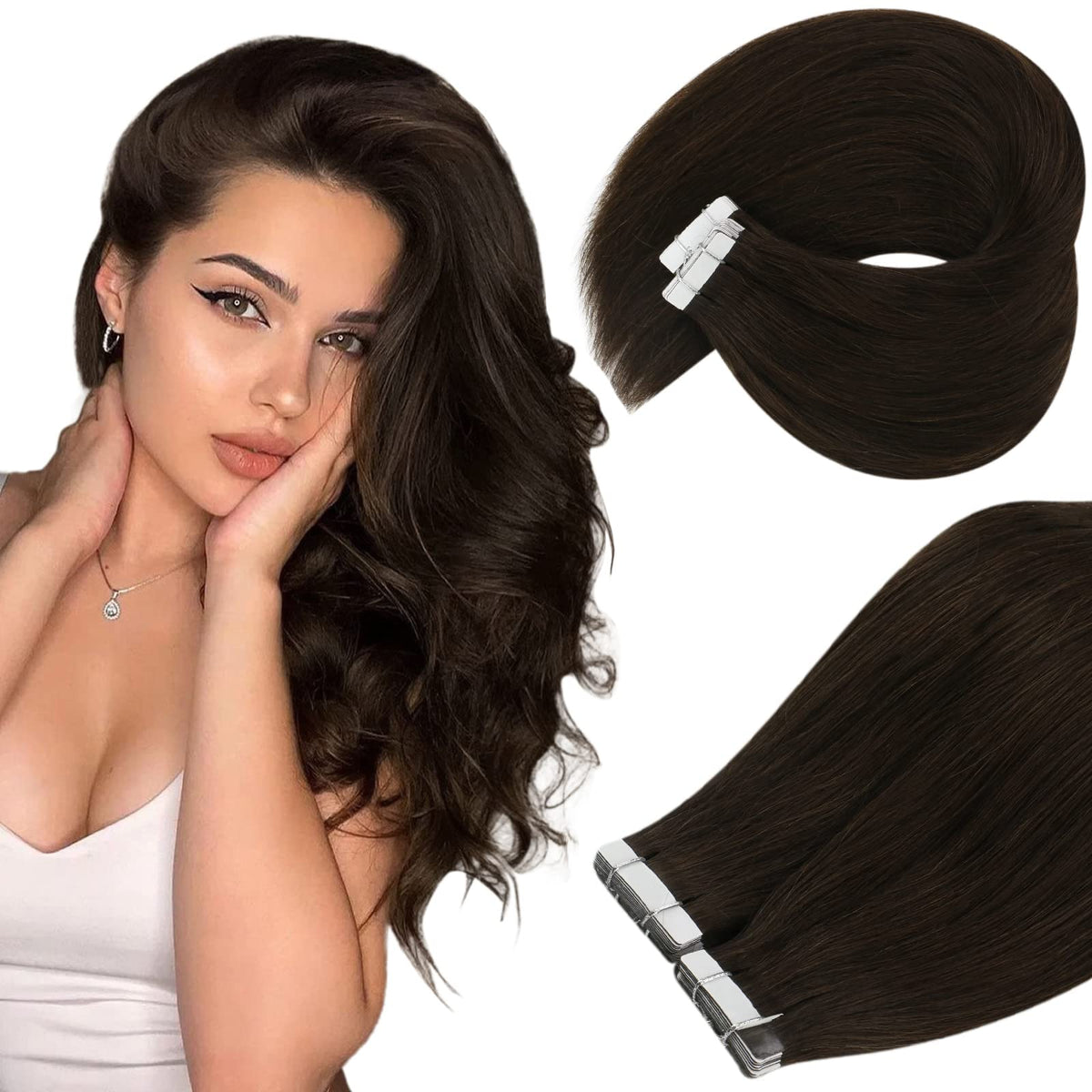 Ve Sunny Tape In Hair Extensions, 20Pcs 24&quot; Darkest Brown Human Hair, Long & Straight